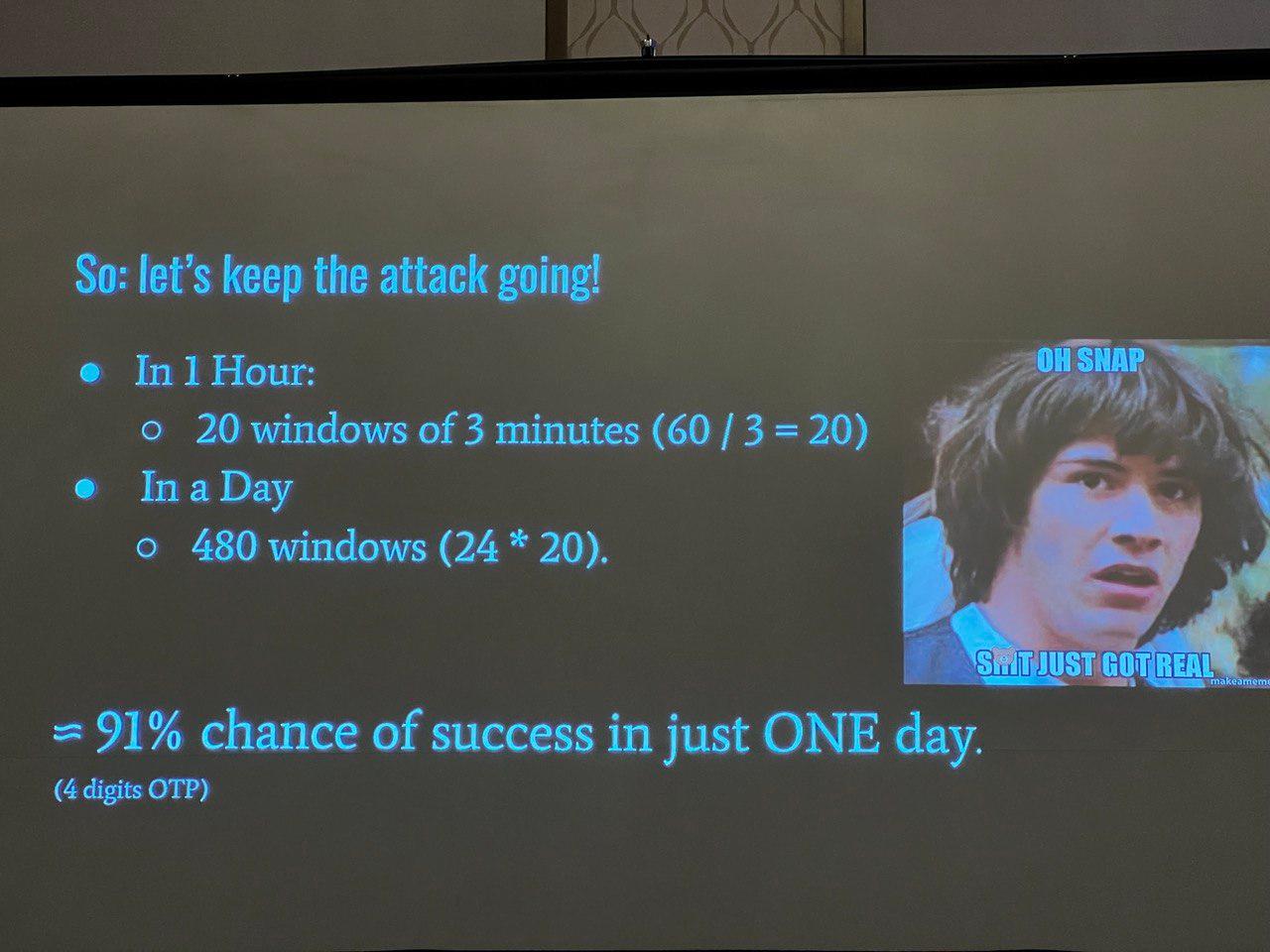 A photo of a presentation that reads So let's keep the attack going. In one hour, 20 windows of 3 minutes is 20. In a day, 480 windows. 91% chance of success in ONE day for a 4 digit O T P.