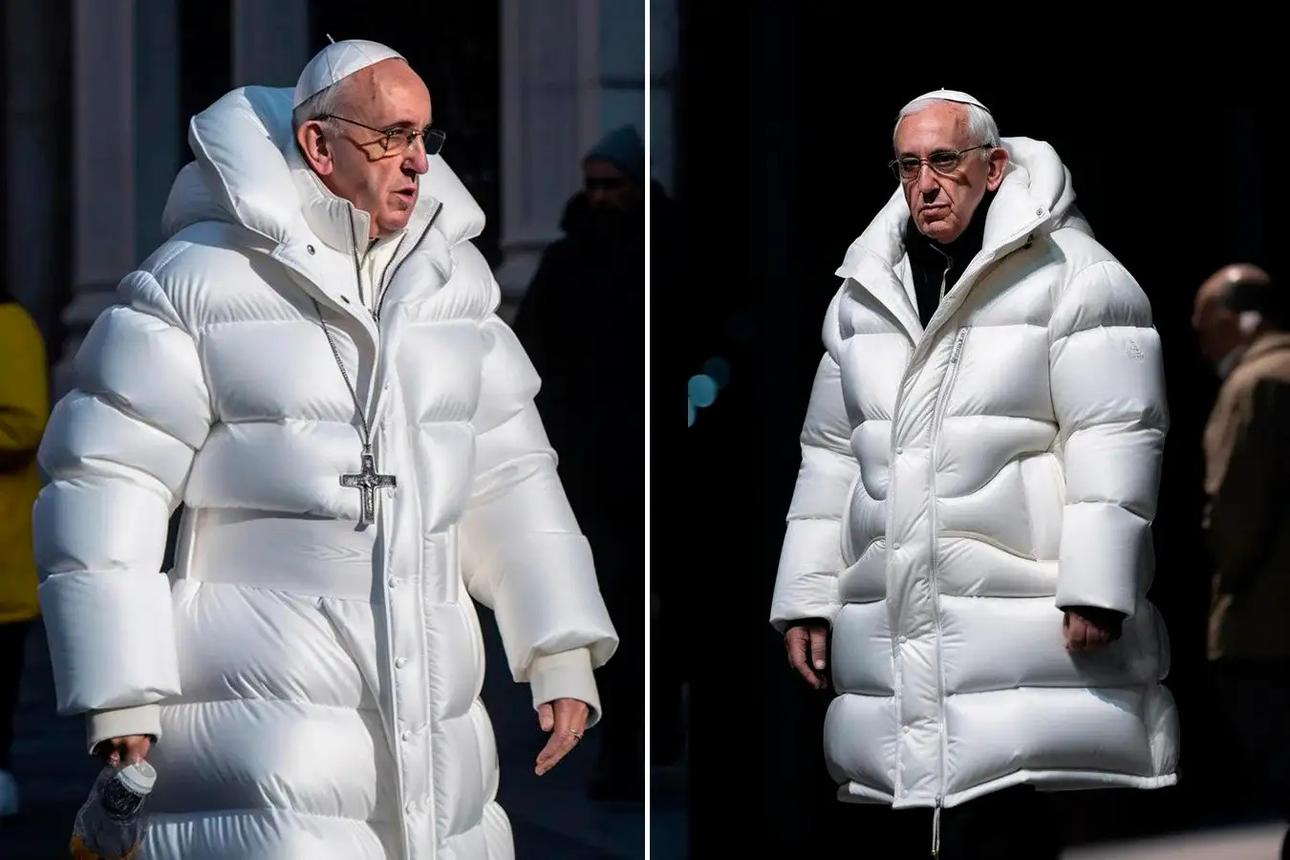 A generated image of the Pope wearing a fashionable Puffer white coat