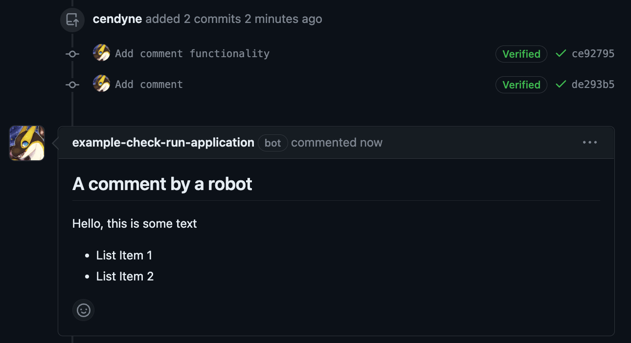 A screenshot of a pull request where example-check-run-application (a bot) comments 'A comment by a robot' and shows some markdown rendered as a list.