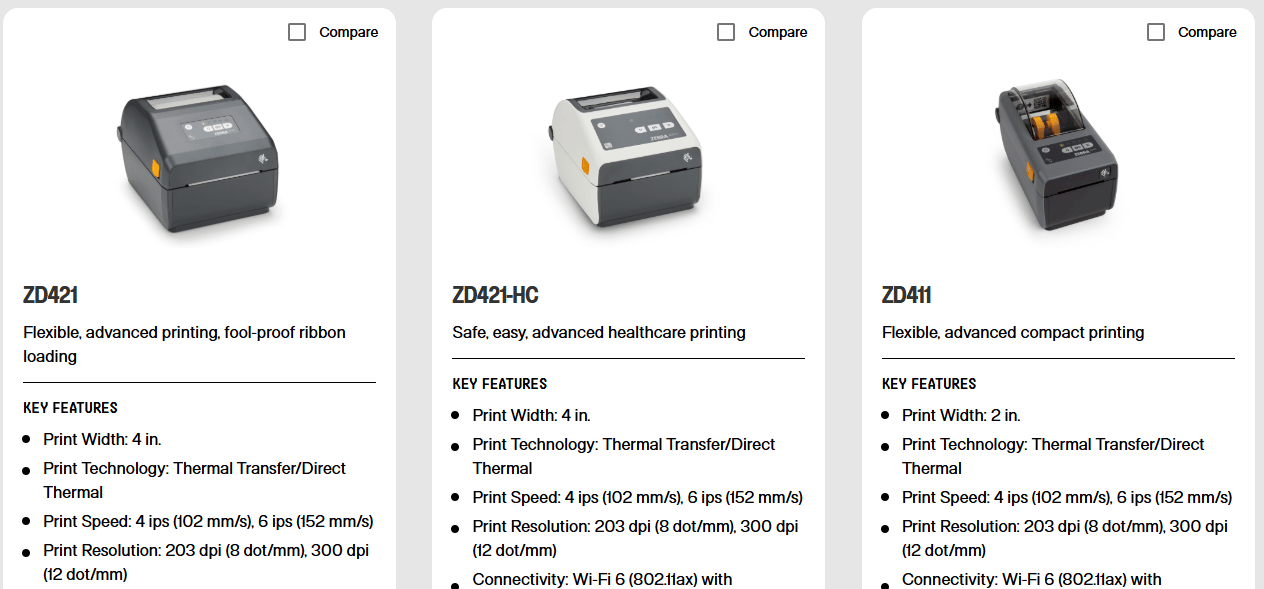 Latest Zebra Printer listing for the ZD400 series