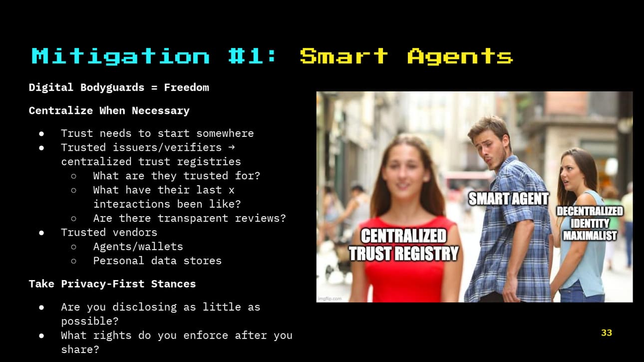 Mitigation number 1: smart agents. Like a smart wallet. Privacy first stance. Trust starts somewhere, there has to be some centralized registries. What agents are trusted? Where is personal data stored centrally?