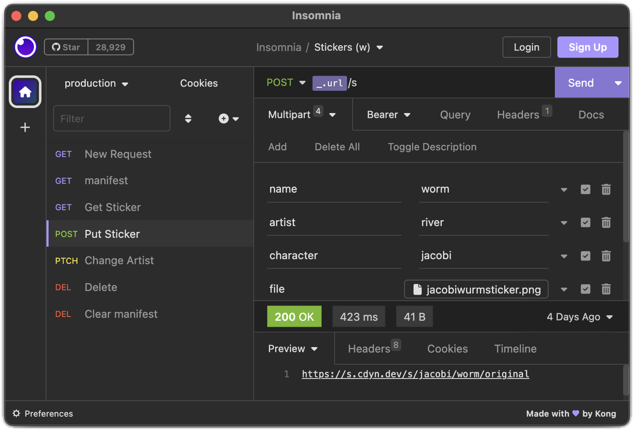 An upload form in an application called Insomnia. A url is set and several parameters like character, artist, name, and file are set.