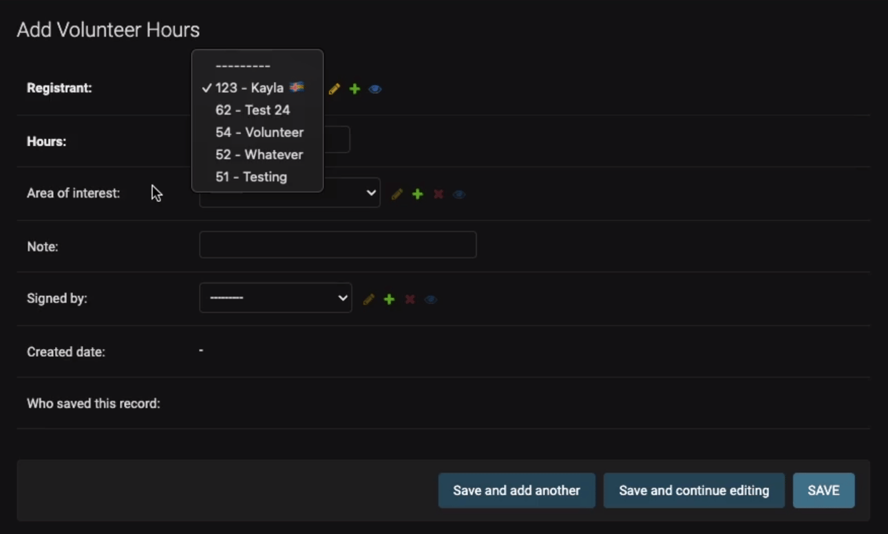 A form with a drop down of badges and field entry for hours, where it was done, and signed off by whom