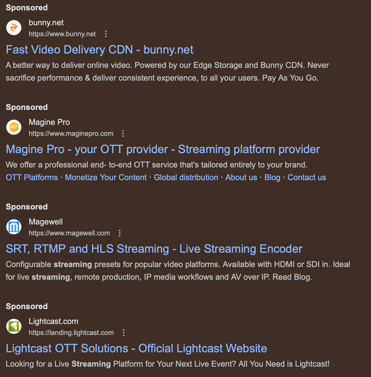 Search results that show companies like bunny.net, magine pro, magewell, and lightcast. Each one shows 'sponsored' above.