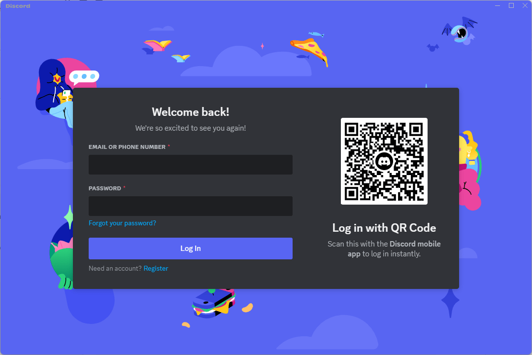 Discord login screen, on the left is a username and password field, on the right is a QR code.