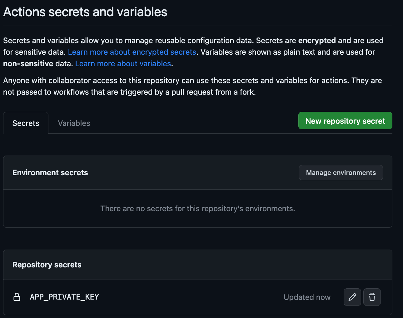 An interface on GitHub labeled Actions secrets and variables. Within the repository secrets section is an entry labeled APP_PRIVATE_KEY.