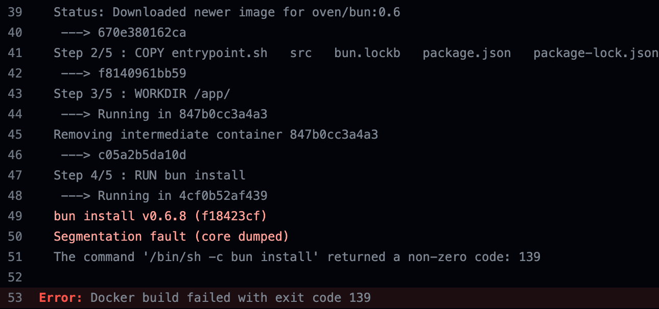 Docker build failed in GitHub because of a segmentation fault