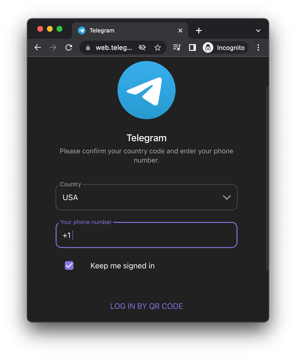 Telegram web login screen which shows a country and phone number entry
