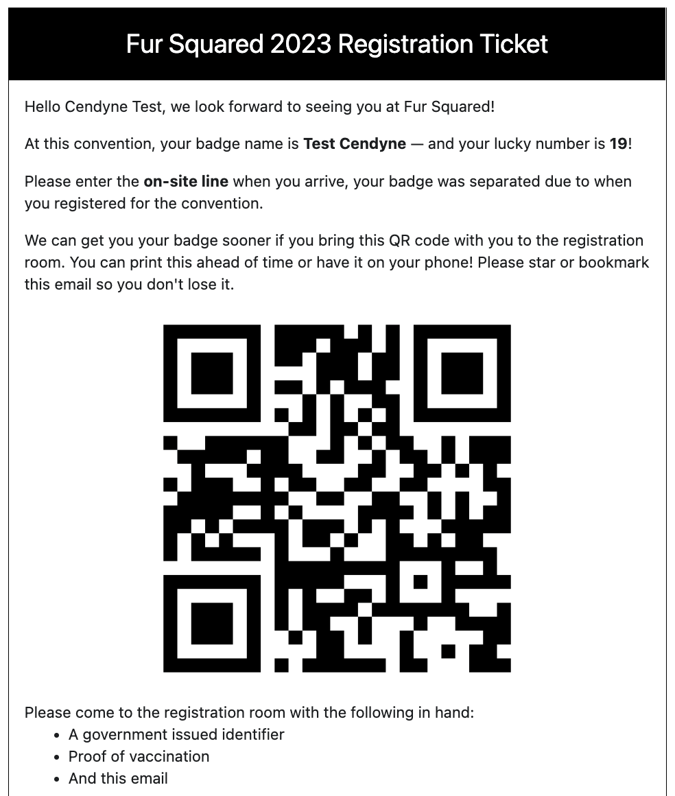 Registration ticket email with a QR code