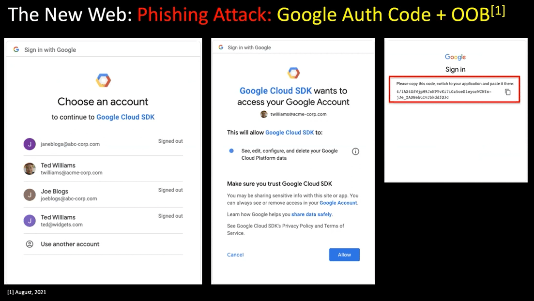 Three screenshots side by side. The first says to choose an account. The second says Google Cloud SDK wants to access your account. The third shos a code to copy and paste into a remote application. Note that this copy and paste means that secure material goes out of bounds.