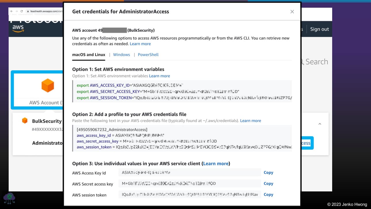 Get credentials for AdministratorAccess. It shows setting environment variables with credentials in clear text to copy and paste. It also mentions aws profile and windows and powershell.