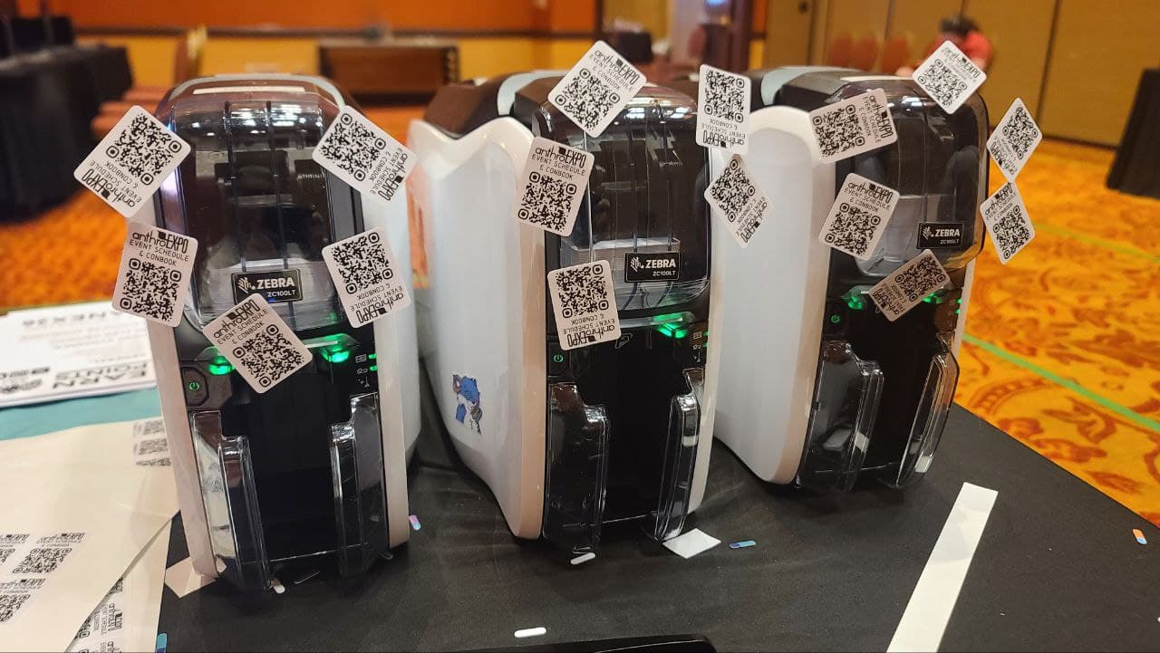 anthro expo's zebra printers covered in qr code stickers