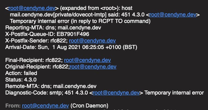Root receiving emails that root couldn't receive an email