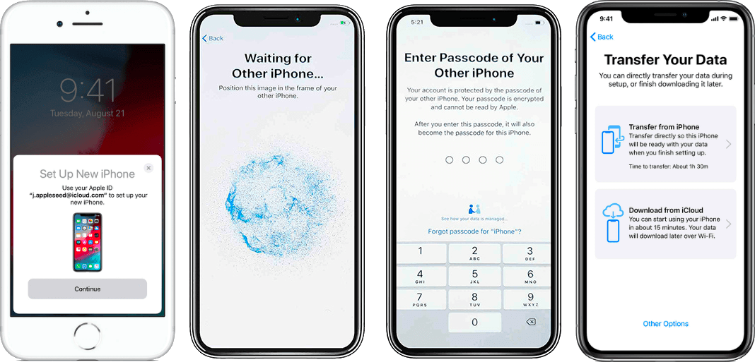 Four iphone screenshots showing a migration between two devices. The old device recognizes that there is a new device and there is a complicated particle animation to link the two together. The new iphone asks for the PIN code and how to transfer the data, either by cloud, or directly over wifi.