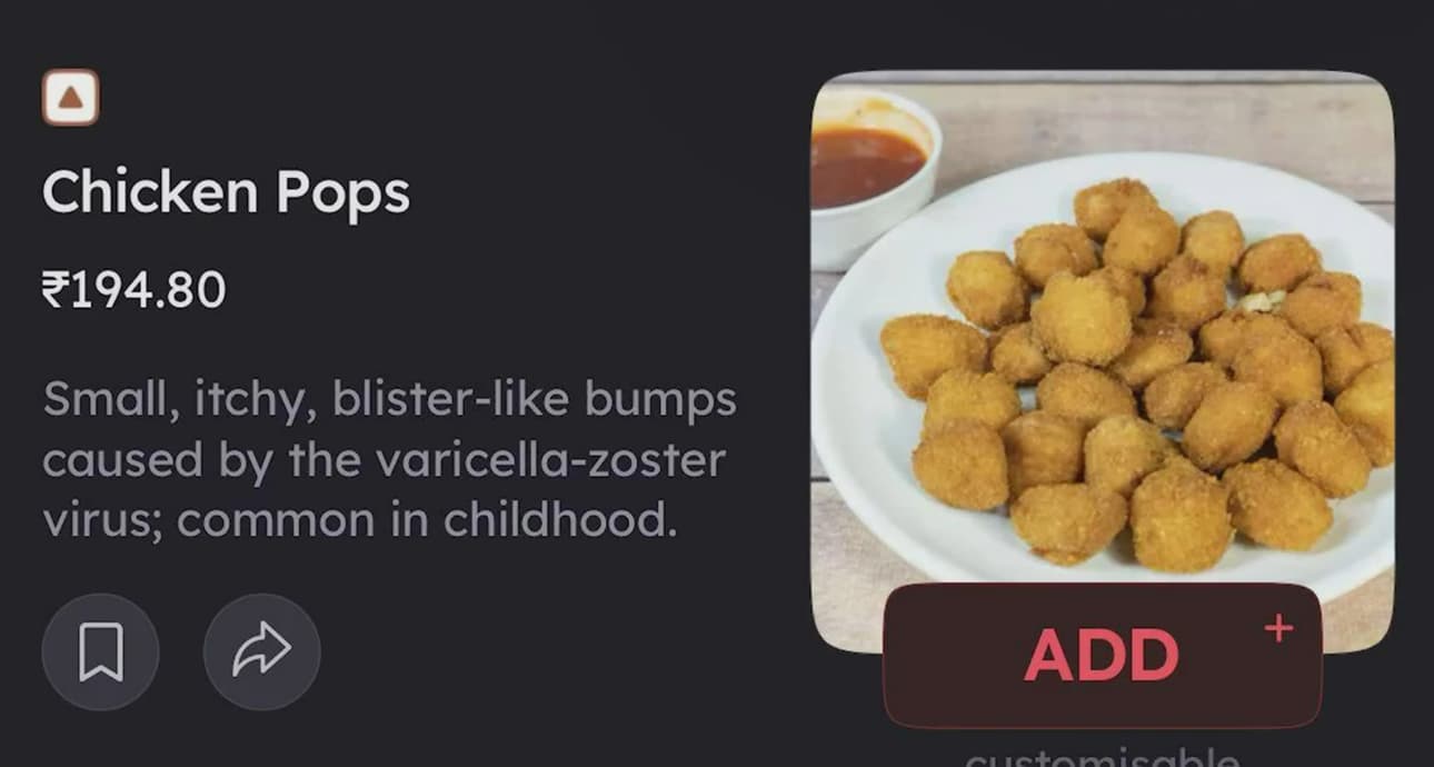 Popcorn chicken with a product description that sounds like chickenpox