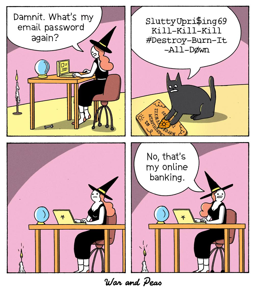 A witch sits at a desk and wonders aloud what her email password is. A black cat reads a password off a ouija board. The witch thinks. The witch says that's her online banking password.