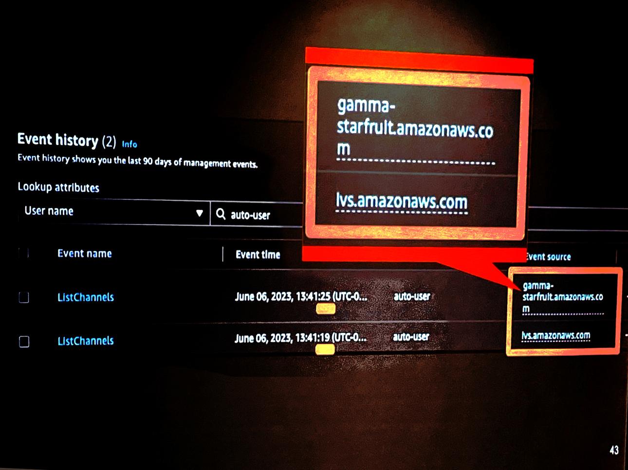 Event history shows ListChannels was called on ivs.amazonaws.com and gamma-starfruit.amazonaws.com