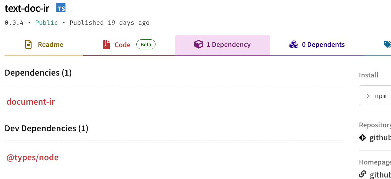 The text-doc-ir package was published a few weeks ago. It depends upon document-ir in NPM.