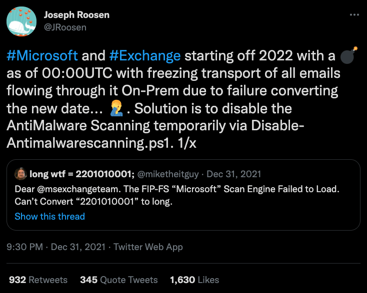 Microsoft Exchange is down for 2022