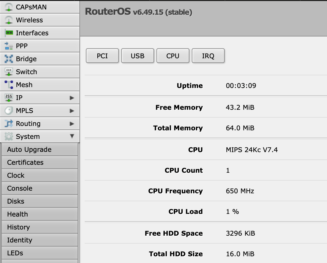 A screenhot showing a 650Mhz MIPS processor with 64MB of RAM