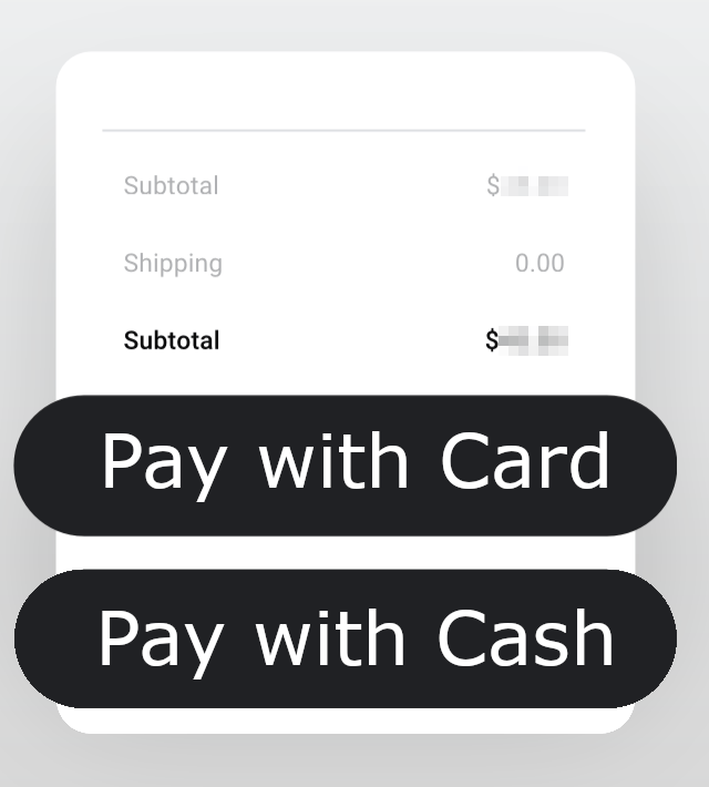 A mockup of a payment screen with buttons for card and cash